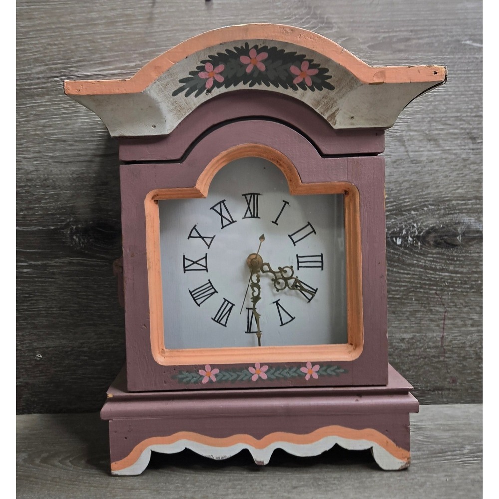 Vintage Wood Mantel Clock Pink Floral Roman Numerals Cottage Decor Parts As Is
